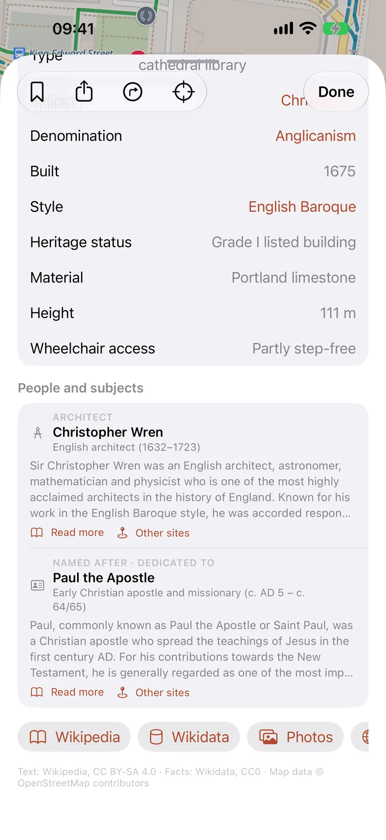 St Paul's Cathedral: style, religion, architect and dedication, each one a link.