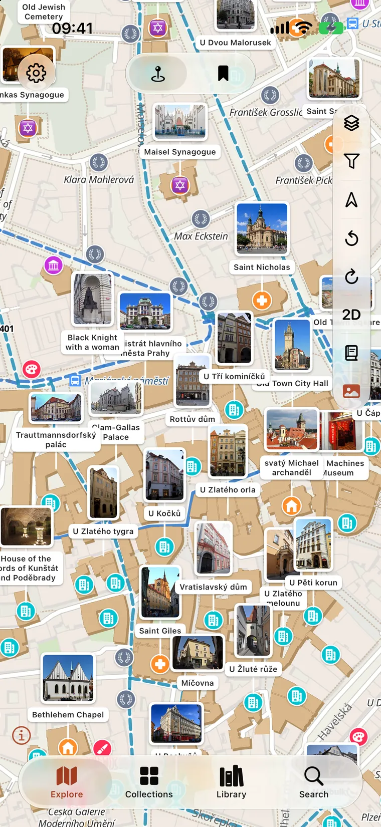 Prague's old town, dense with pins and photo cards.