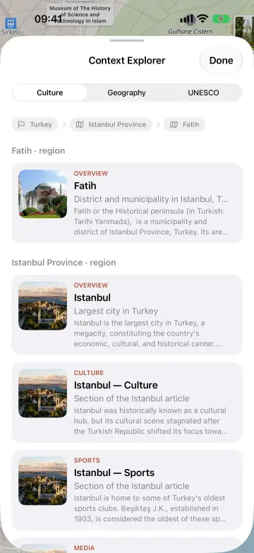 The Context Explorer, with articles about the region in view
