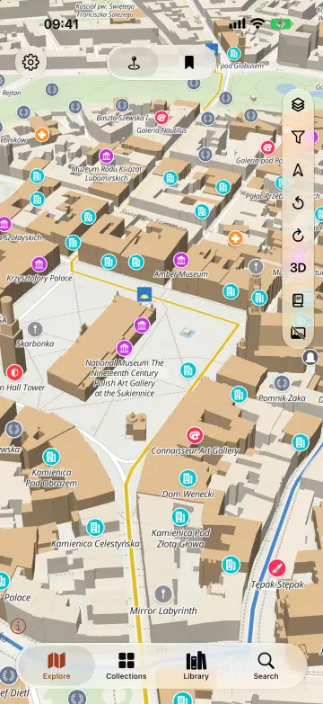 An old town in 3D, heritage pins on the buildings