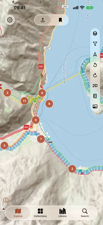 Hillshade, peaks and marked routes