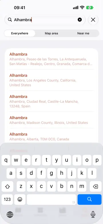 Search everywhere, in the map area, or near you